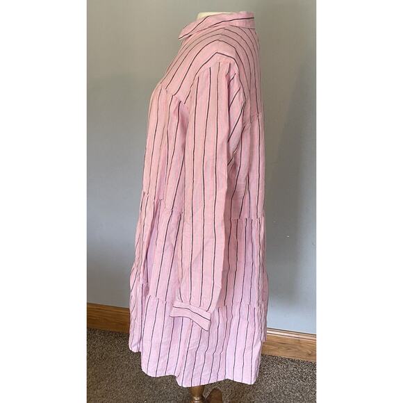 J. Jill Love Linen Shirt Dress MED Pink Stripe Button Front Tiered Ruffle Boho - Picture 8 of 12